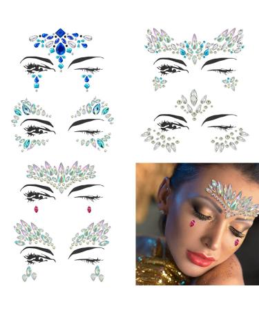 Halloween Face jewels festival Women Mermaid Face Gems Glitter 6 Sets Rhinestone Rave Festival Face Jewels,Crystals Face Stickers Eyes Face Body Temporary Tattoos