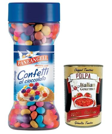 Italian Gourmet E.R. Paneangeli Confetti Multicolore al Cioccolato colored chocolate dragees 65g resealable pack with measuring cap + Italian Gourmet Polpa di Pomodoro 400g box