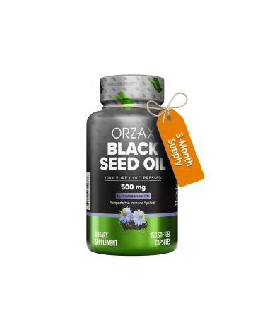 ORZAX Black Seed Oil Cold Pressed 100% Pure | Non-GMO Rich in Omega 3 6 9 & Thymoquinone | Black Cumin Nigella Sativa Oil for Immune Support, Hair, Skin, Face (150 Softgel Capsules)