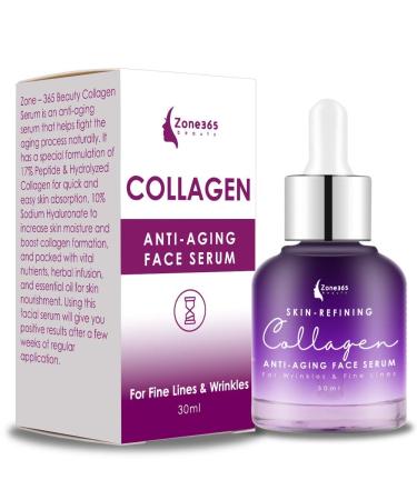 Zone - 365 Collagen Serum for Face with Hyaluronic Acid and Herbal Ingredients to Heal Plump and Reduces Wrinkles - 1 fl oz