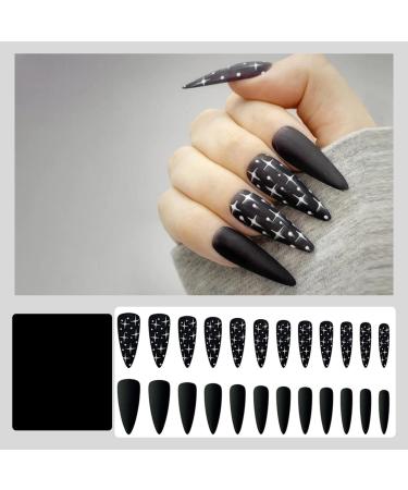 Justotry 24 Pcs Stiletto Fake Nails Long with Star Black French Press on Nails - Almond Stick on Nails for Women | Acrylic Extra Long False Nails with Glue for Nail Art - Buy Online on GoSupps.com