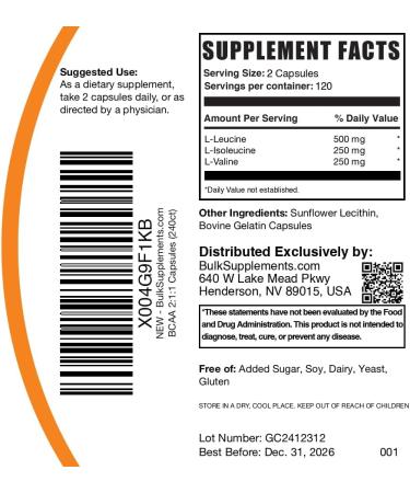 BulkSupplements.com BCAA 2:1:1 Capsules - Branched Chain Amino Acids BCAA Supplements BCAA Capsules BCAA Pills - Gluten Free 240 Capsules (Pack of 1) - Buy Online on GoSupps.com