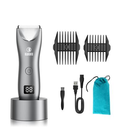 Electric Body Trimmer for Men with Extra Skin-Safe Ceramic Blade Pubic Groin Ball Trimmer for Men Waterproof & USB Rechargeable Body Groomer Men w/LED Light& Charging Dock Gray-green Pouch