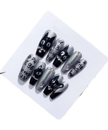 Handmade Cat Eye Black Hand Painted Cat Wearing Nail Removable Nail Artificial Nail(M)