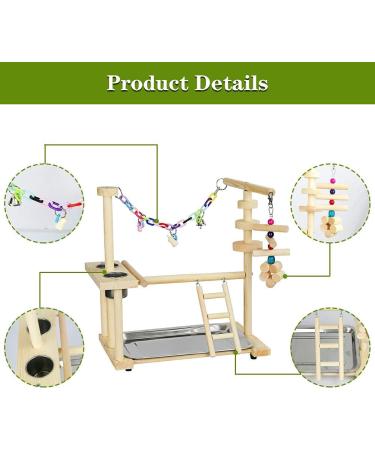 Olpchee Bird Playground Parrot Playstand with Feeder Cups, Toys, and Tray - Wooden Perch Gym for Cockatiel, Parakeet - Buy Online on GoSupps.com