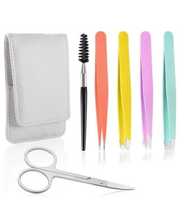Eyebrow Tweezer Set  6 Pcs Tweezers Set for Women  Professional Slant Tip Tweezer for Eyebrows with Curved Scissors for Ingrown Hair