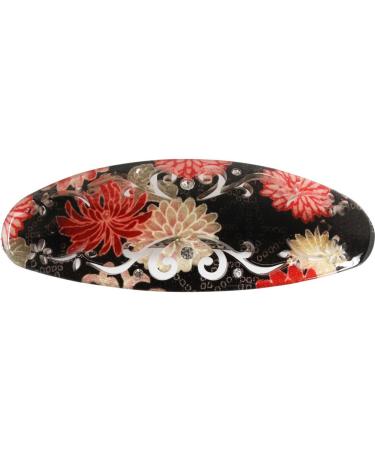 Japanese Oval Chirimen Barette Hair Clip/Clasp with Rhinestones (Black)