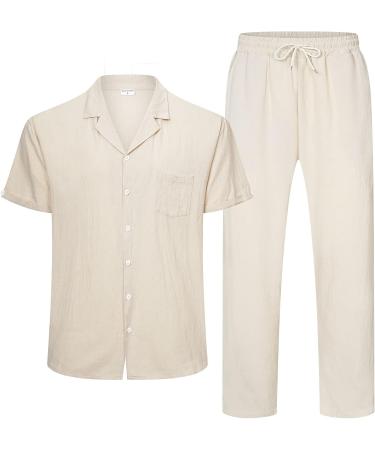 Men's Linen Shirt and Pants Set for Beach Weddings and Yoga - 2 Piece Short Sleeve Outfit - Buy Online on GoSupps.com