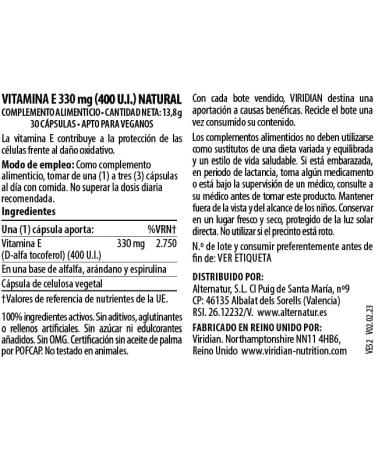 Viridian Natural Vitamin E 400IU 30 Vegetarian Capsules - Buy Online on GoSupps.com