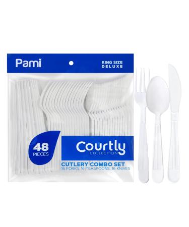 PAMI Heavy-Weight Disposable Plastic Cutlery Set With 16 Forks, 16 Teaspoons & 16 Knives - Bulk 48-Pieces King-Size White Plastic Silverware For Parties & Weddings- Heavy-Duty Single-Use Utensils Combo Set - Forks/Teaspoons/Knives