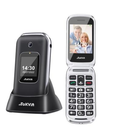TOKVIA Unlocked Mobile phone for elderly with big buttons | Senior mobile phone for seniors with large numbers | Flip phone with SOS button | Dual display 2.4 + 1.77 inches T221 T221 Black