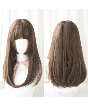 Japanese Long Straight Lace Front Wigs with Air Bangs - 2 Tone Heat-Resistant Synthetic Hair for Cosplay - 20 Inches Honey Pudding Brown - Buy Online on GoSupps.com
