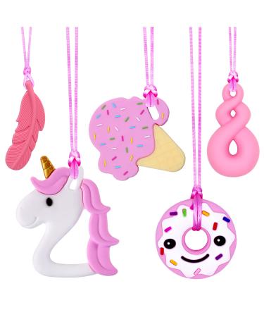Sensory Chew Necklaces for Girls, 5 Pack Autism Teething Necklace Chew Toys Sensory for Kids with ADHD or Special Need, Silicone Chewable Necklaces Reduces Chewing Fidgeting for Children Adults Chewer
