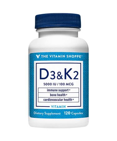 The Vitamin Shoppe Vitamin D3 K2 5000 IU - Bone Density & Heart Health | D3 + K2 MK-7 | 120 Capsules | Synergistic Formula