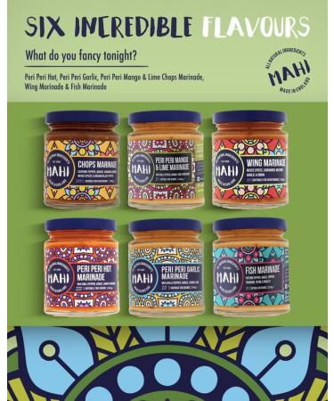 MAHI BBQ Marinade Variety 6 Pack - Peri Peri Hot 200g Peri Peri Garlic 200g Peri Peri Mango & Lime 200g Chops Marinade 200g Wing Marinade 200g & Fish Marinade 200g - Buy Online on GoSupps.com