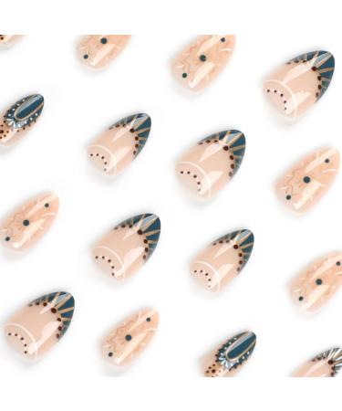 Mouyouglow Almond Green French Press On Nails Gold Flower Design Fake Nails with Glue Short Oval Artificial Fingernails L4 for Stylish Manicure - Buy Online on GoSupps.com