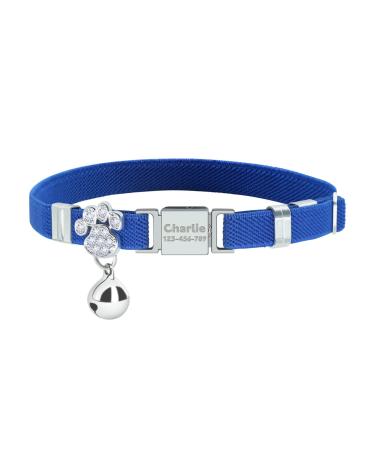Personalized Elastic Cat Collar with Name and Phone Number Engraved Cat Collar with Bell -Royal Blue