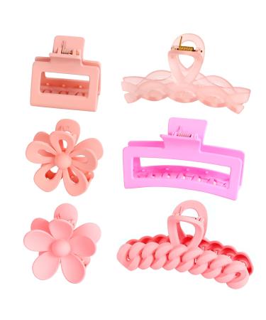 Hair Claw Clips 6PCS Pink Hair Clips Big Hair Claw Clips Nonslip Large Claw Clip for Women Thin Hair Cute Jaw Hair Clips for Women Hair Claws Barrettes Ponytail Holder Hair Accessories
