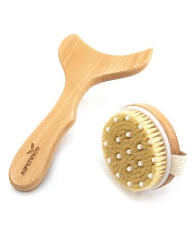 AIFEIVICO Wood Therapy Massage Tools with Dry Brush 2 Kit for Anti Cellulite Lymphatic Drainage  Dry Brushing Body Brush  Lymphatic Massage Paddle for Maderotherapy  Gua Sha (Type-2)