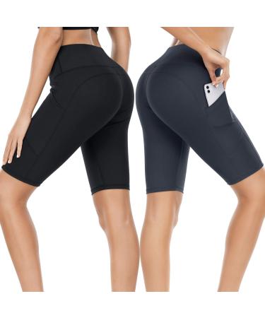 YOMOVER Workout Shorts for Women High Waisted 10inch Knee Length Long Athletic Yoga Shorts with 3 Pockets Black & Gray X-Large