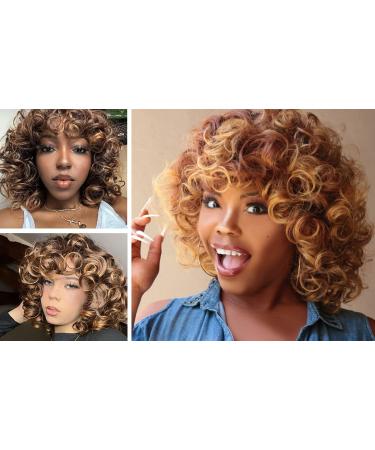 Shop Porsmeer Brown Blonde Afro Wig - Loose Curly Synthetic Hair for Women | Ombre Kinky Curly Short Wigs with Highlights - Buy Online on GoSupps.com