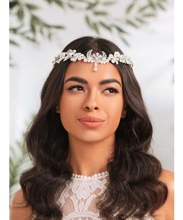 IYOU Moon Bridal Wedding Crown Silver Pearl Flower Headpiece Tiara Flower Bride Bridemaid Hair Accessories for Women - Buy Online on GoSupps.com