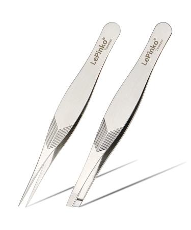 LePinko Slanted & Pointed Tweezers Set for Women and Men Precision Tweezer kit for Ingrown hair Facial Hairs Chin Hair and Splinter Removal Professional Eyebrow Plucker Tweezers with Case Silver