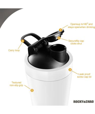 ROCKY&CHAO Stainless Steel Protein Shaker 700ml + 200ml - Double Wall Mixer with Powder Compartment & Ball - Ideal for Fitness & Sports (White) - Buy Online on GoSupps.com