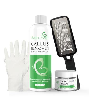 Bella Feet Callus Remover Kit  Extra-Strength Callus Remover Gel with Foot Scrubber, Gloves, Foot Repair Cream  Professional Callus Remover for Feet for Dry Cracked Heels  8.45oz  50ml