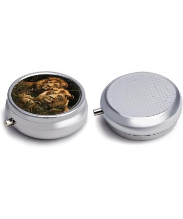 Round Pill Box with Two Lions Print - 3 Compartment Portable Medicine Organizer | Decorative Metal Pocket Pill Case - Buy Online on GoSupps.com