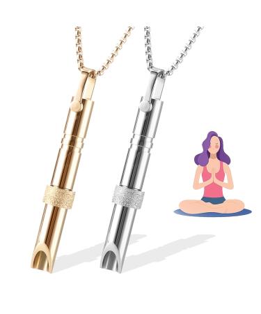 2PCS Anapana Breathing Necklace Anxiety Relief Necklace Mindful Breathing Necklace Anxiety Whistle Necklace for Habit Breathing Exercises Anxiety Relief Meditation Gift for Women Men Gold +Silver