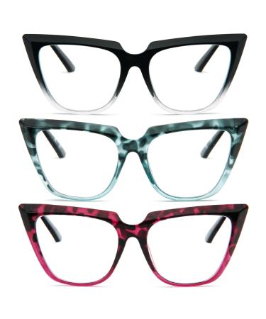 Cat Eye Reading Glasses for Women Oversized Blue Light Blocking Computer Readers 3 Pack +3.0 3pcs-black Clear/Tortoiseshell Blue/Tortoiseshell Pink 3.0 x