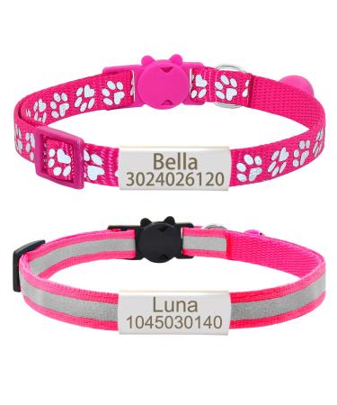 2 Pack Reflective Cat Collar with Personalized, Custom Breakaway Cat Collars with Name Tag and Bell,Anti-Lost Nameplate Cat Collar for Girls & Boys fit 8''-11.0'' Hot Pink