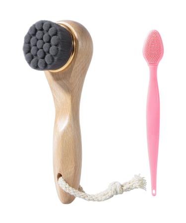Face Scrubber with Wooden Handle Manual Facial Cleansing Brushes for Deep Pore Cleansing Soft Bamboo Charcoal Fiber Exfoliating Face Wash Brush and Silicone Lip Scrubber for Face Care Black