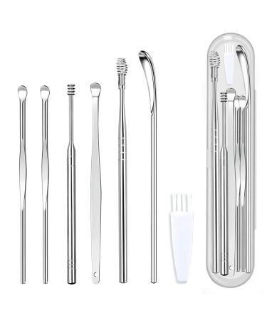 Zydiwo 7 Pcs Ear Pick Earwax Removal Kit Ear Scoop Picking Tool Stainless Steel Ear Scoop Suit with a Cleaning Brush and Transparent Plastic Box (Silver)