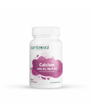 Ambrosial Calcium Magnesium Zinc & Vitamin D3 High Potency Calcium Supplement for Healthy Bones Muscles & Teeth | Highly Bioavailable Calcium Citrate Formula | Calcium Tablets 60 Softgels 60 Count (Pack of 1)