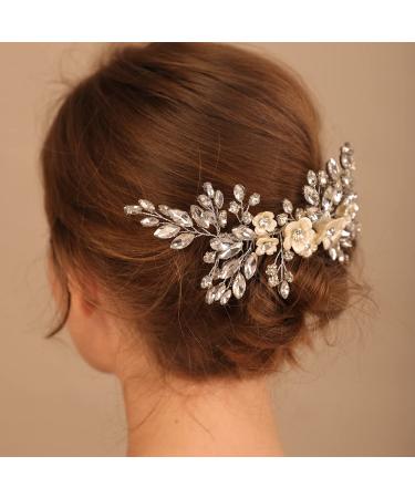 Bridal White Flower Blue Crystal Rhinestone Hair Comb for Bride - Wedding Hair Accessories - Buy Online on GoSupps.com