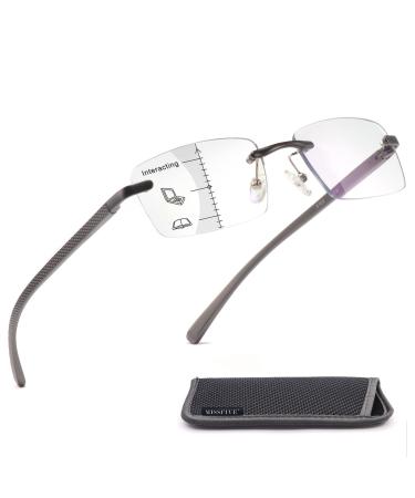 Premium Aluminum Progressive Multifocus Reading Glasses Men Blue Light Blocking MISSFIVE No-Line Spring Hinge Rimless Office Multifocal Metal Readers 1.25x-2.5x on A Lens for Mid-Near Range Gunmetal Gunmetal 2.5 x