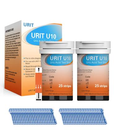 URIT Uric Acid 50 Test Strips (Test Strips Only) for URIT Uric Acid Monitor. 2 Boxes Total, 25 Test Strips Per Box. (Includes 50 Test Strips and 50 lancets.)