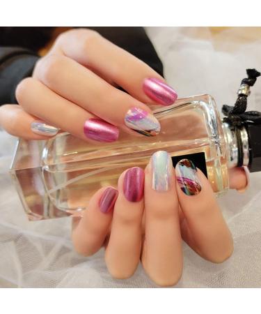 Sethexy Medium Oval Glossy Pink Sparkle False Fingernails - 24 PC Complete Cover Acrylic Nail Tips for Women & Girls | International Shipping - Buy Online on GoSupps.com