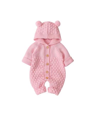 VICROAD Baby Hooded Knitted Rompers Newborn Girls Boys Onesies Warm Sweater Jumpsuit Outfits 18-24 Months Pink