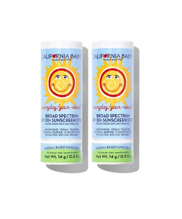 California Baby Everyday Year-Round Broad Spectrum SPF 30+ Sunscreen Stick - For Babies Kids & Adults Free of Added Fragrances Common Allergens and Irritants Fragrance Free Water Resistant .5 2 Pack