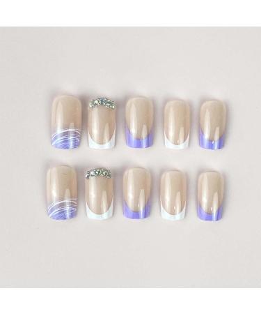Buy Purple Press on Nails | Medium Square French Tip with Glitter & Rhinestones | 24Pcs Glossy Full Cover Stick-On Acrylic Nails for Women & Girls - Buy Online on GoSupps.com