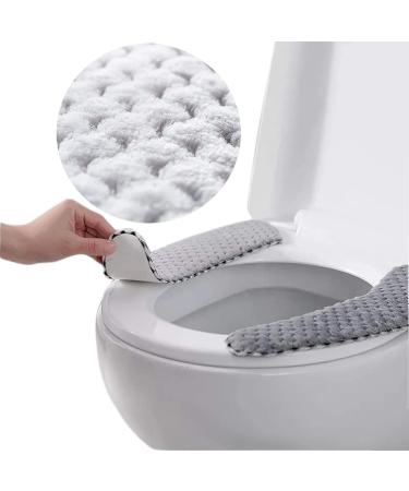 2Pairs Plush Warm Thick Padded Toilet Seat Cover Mat Non Slip Soft Toilet Seat Cushion Washable Bathroom Warmer with Self-Adhesive Tape Grey