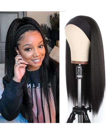 Xtrend 22Inch Yaki Straight Headband Wig for Women Long Black Afro Kinky Straight Wig Headband Synthetic Wigs Glueless None Lace Front Headbands Wigs with Headband Attached 22 Inch (Pack of 1) A-Black#