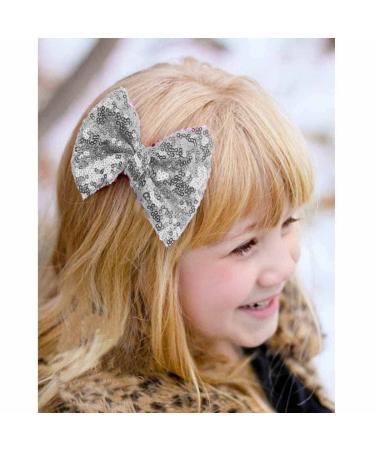 Evild Sequins 5 Hair Bow Sparkly Large Bows Hairpins Party Glitter Hair Barrettes Bowknot with Alligator Clip for Women and Girls (Silver)