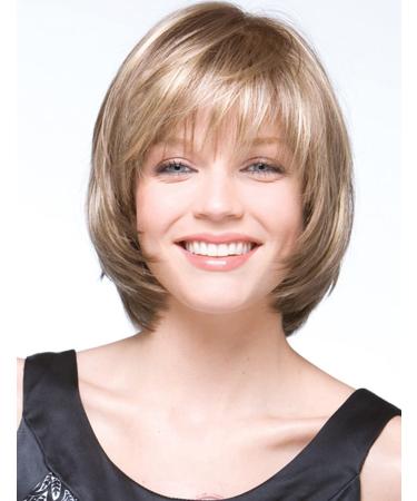 Short Blonde Pixie Bob Wig with Bangs Mixed Blonde Highlight Layered Straight Bob Wigs for White Women Heat Resistant Synthetic Hair Wig