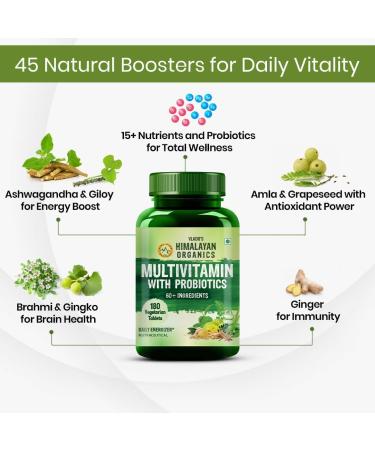 Himalayan Organics Organics Multivitamin with Probiotics - 45 Ingredients for Men and Women with Vitamin C D E B3 B12 Zinc Giloy and Biotin (180 Tablets) - Buy Online on GoSupps.com