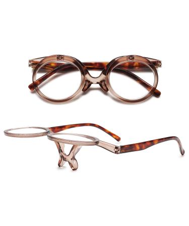 Vevesmundo flip up reading glasses round make -up glass and BB flaps with foldable glaes+1.0 +1.5 +2.5 +3.0 +3.5 +4.0 1 piece of brown 4.0 x