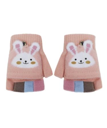 Toddler Kids Puppy Flip Top Short Knitted Half Finger Gloves for 3-8 Yrs Rabbit/Pink